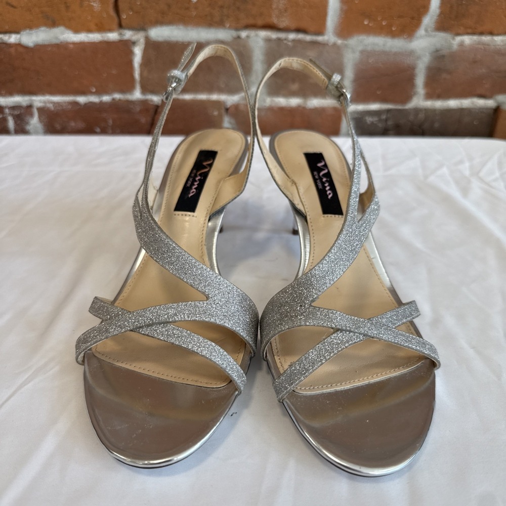 Y2K Silver Nina Heels Size 8.5 Glitter Slingback Sandals, Strappy Glam Look New